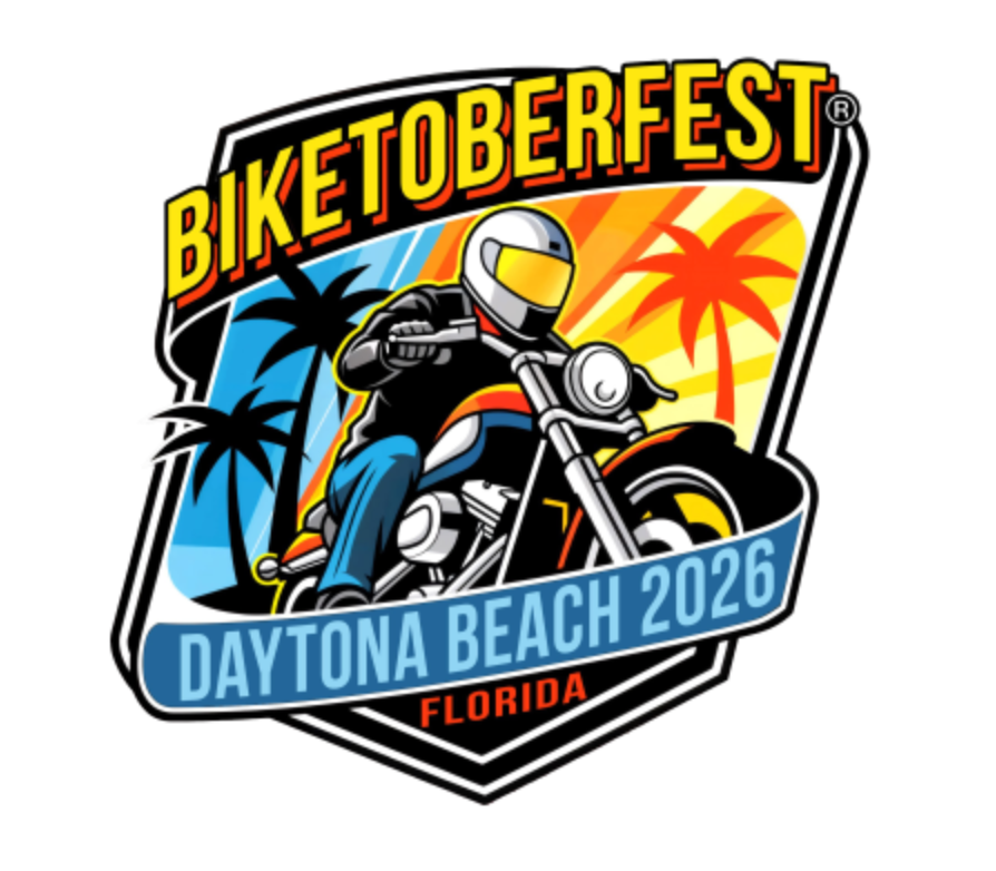 Biketoberfest Daytona Beach 2026 Florida emblem showing a rider on a motorcycle in front of palm trees