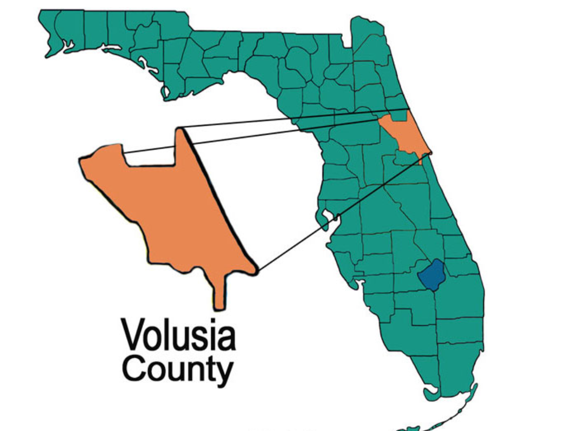Map of Florida with Volusia County highlighted in orange, shown enlarged beside the state outline