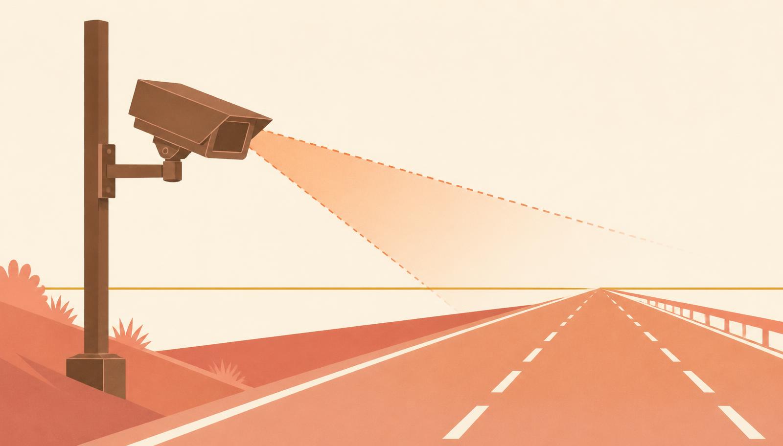 Illustration of a pole-mounted roadside camera aimed down an empty highway, its scanning cone fading out