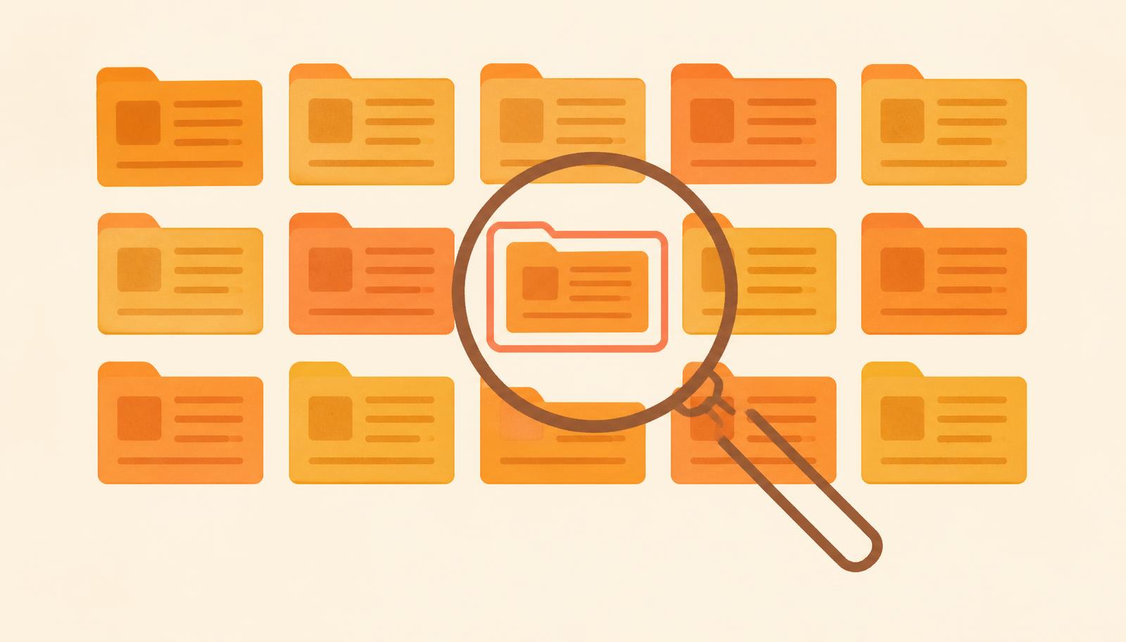 Illustration of a grid of abstract record cards with one highlighted under a magnifying glass